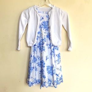 Rare Editions Girl 6/7 White/Blue Floral Lined Zipped  Dress w/Sweater (Extra)
